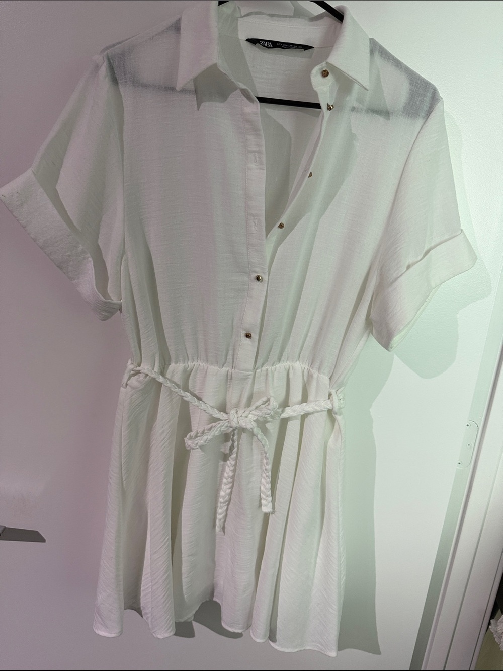 Zara White Short Sleeve Mini Shirt Dress with Rope Tie